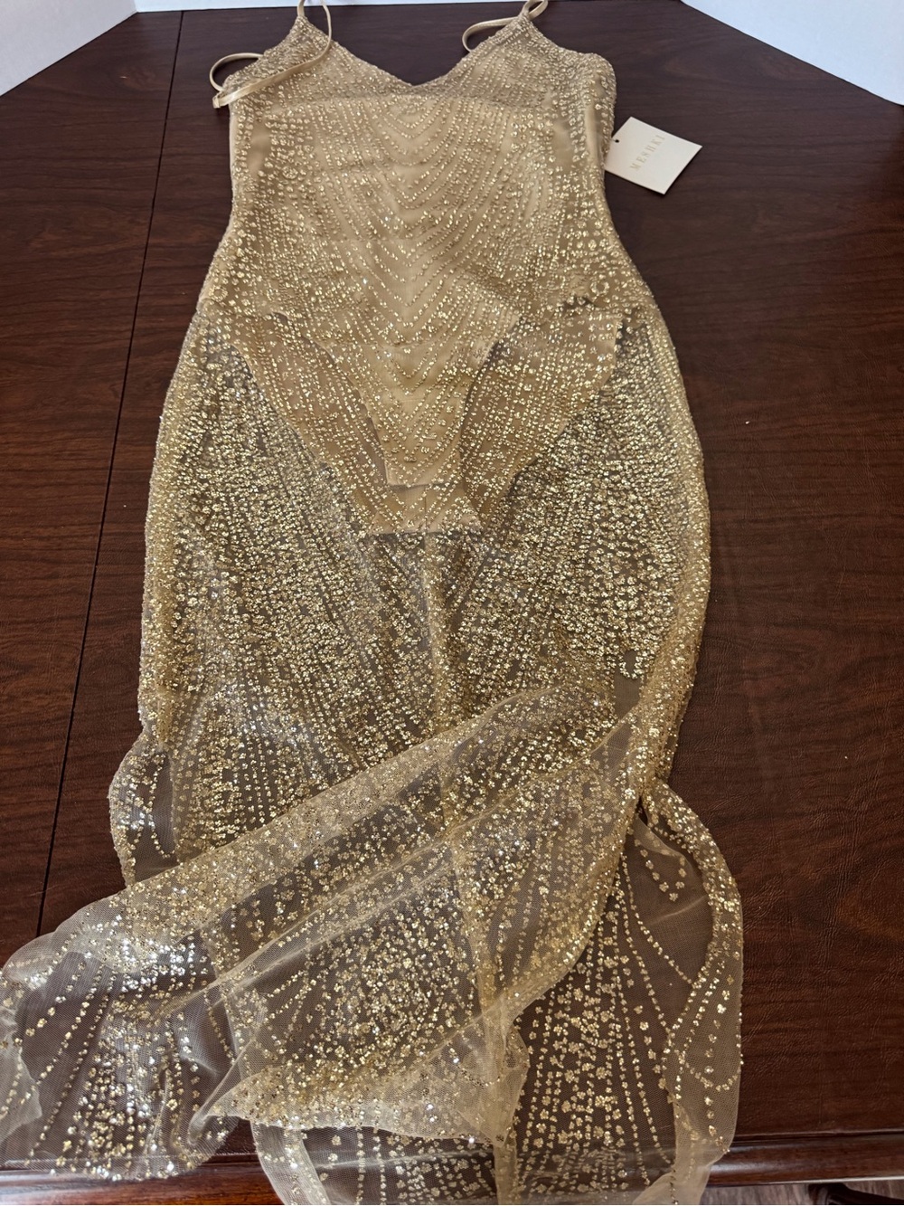 Meshki bodysuit with Gold Sequin Trim Maxi Dress NWT